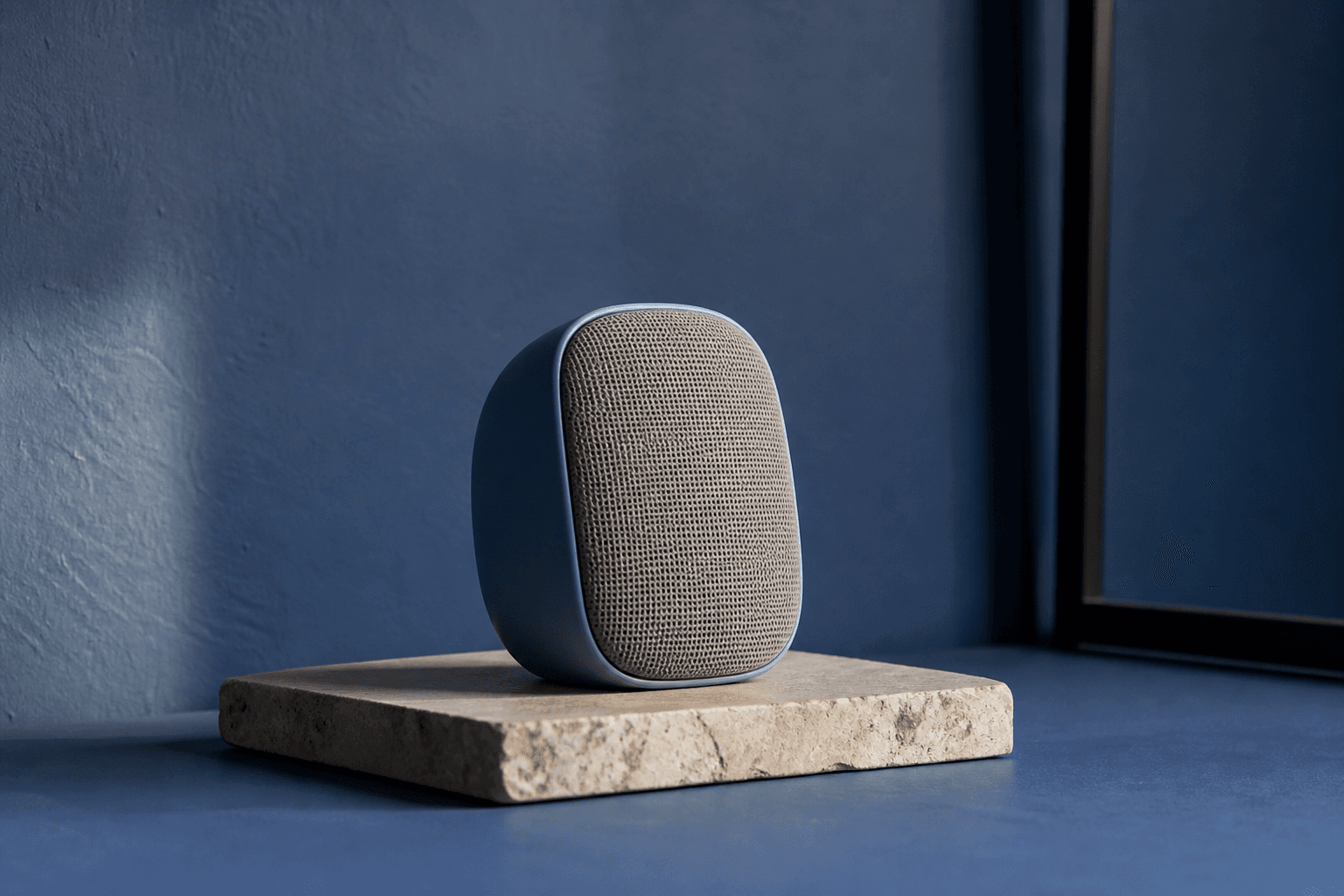 Editorial photograph of a ceramic speaker on a limestone plinth in a cobalt room