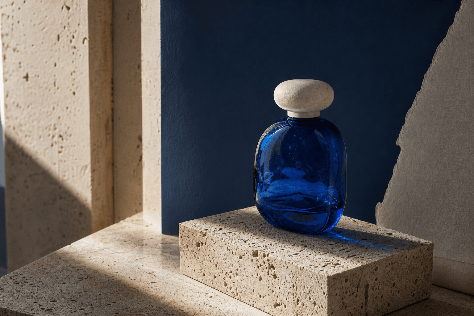 Sculptural cobalt fragrance bottle photographed on travertine
