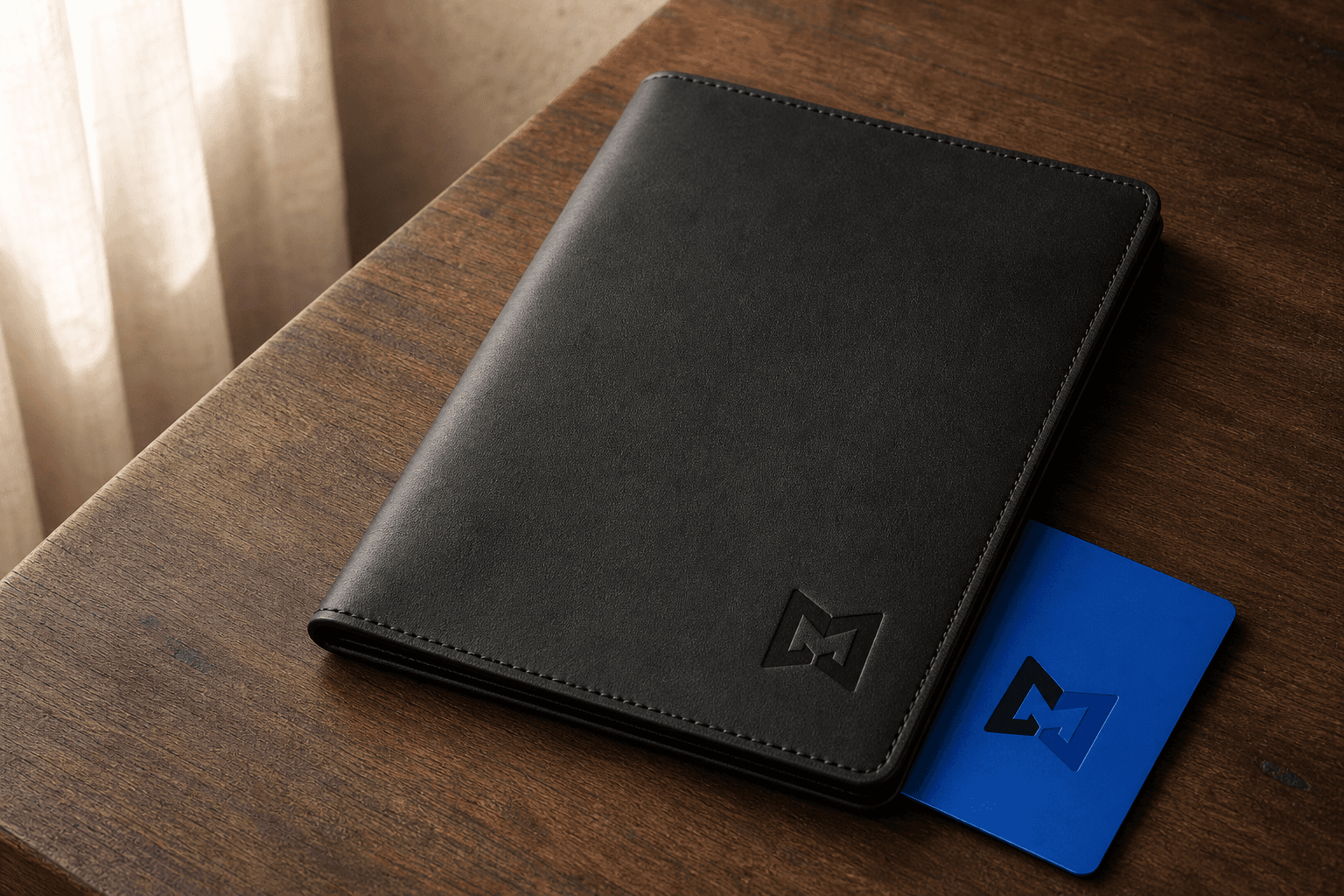 Meldry mark debossed into a leather folio and printed on a metal card