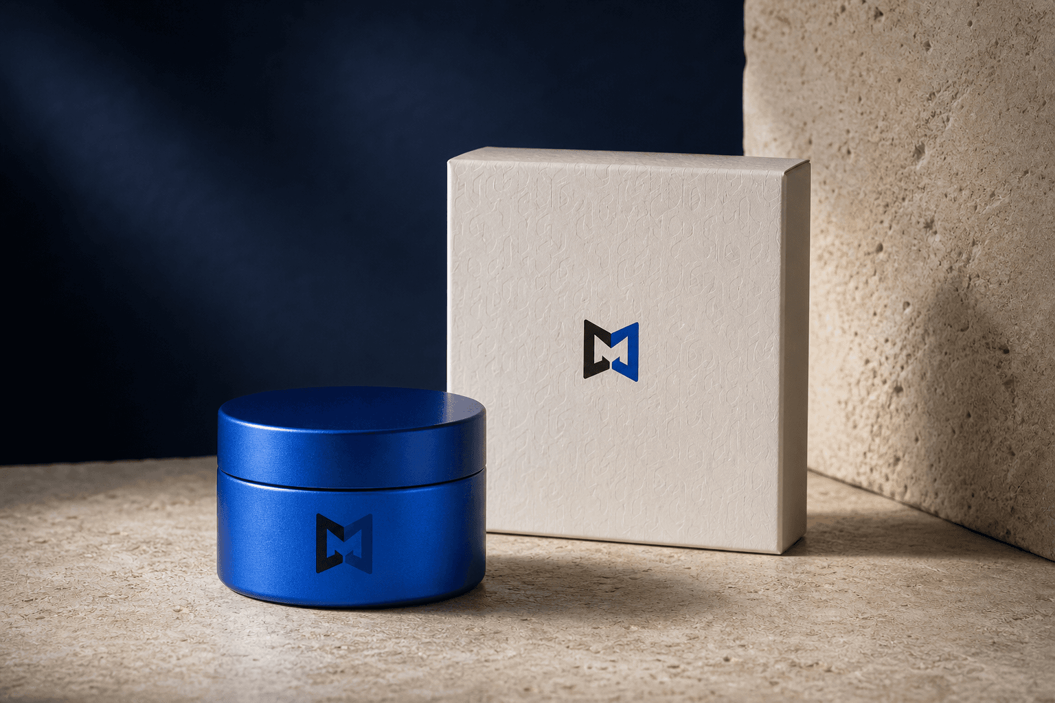 Meldry mark applied to a cobalt skincare jar and paper carton